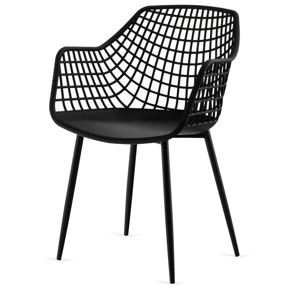 Juego de 4 sillas de comedor con respaldo hueco y asiento curvo, plástico negro y patas de metal