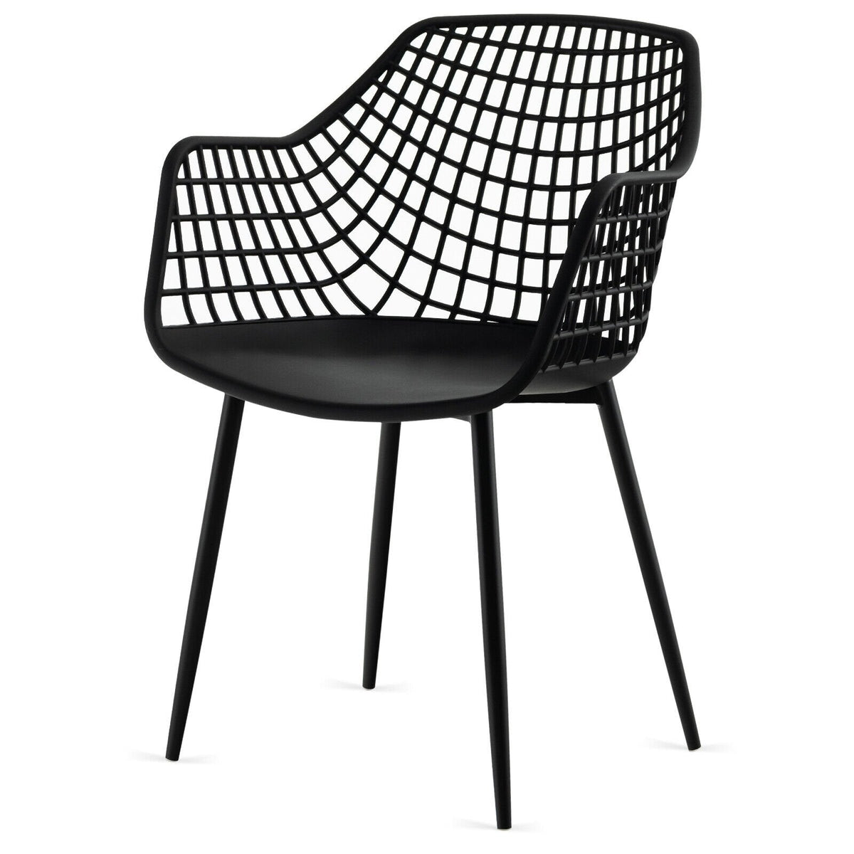Juego de 4 sillas de comedor con respaldo hueco y asiento curvo, plástico negro y patas de metal