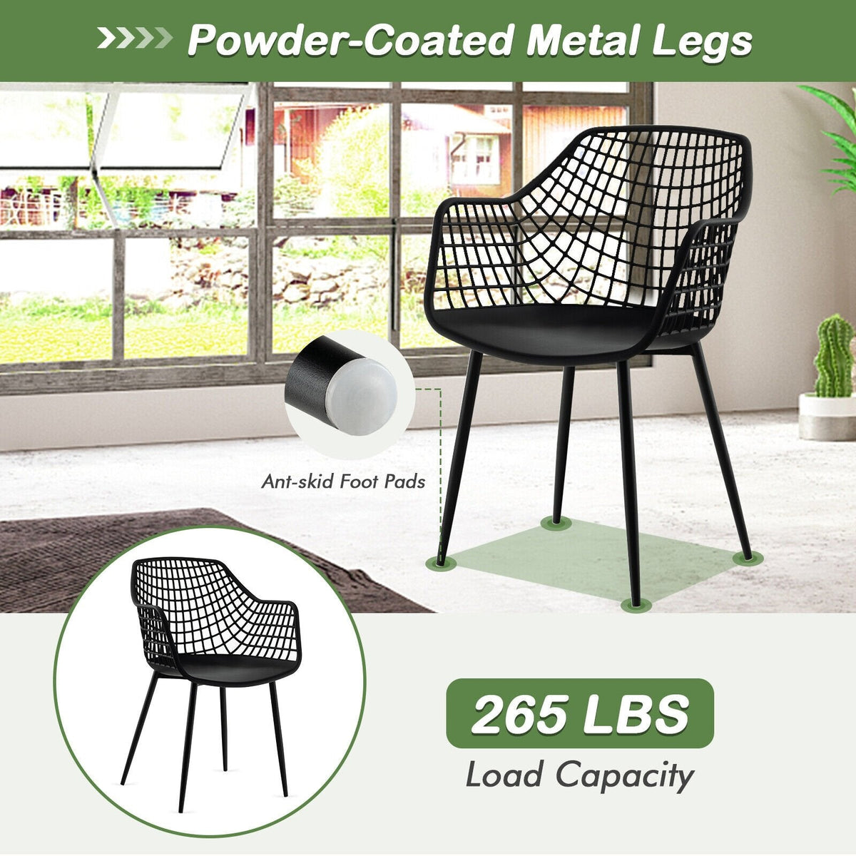 Juego de 4 sillas de comedor con respaldo hueco y asiento curvo, plástico negro y patas de metal