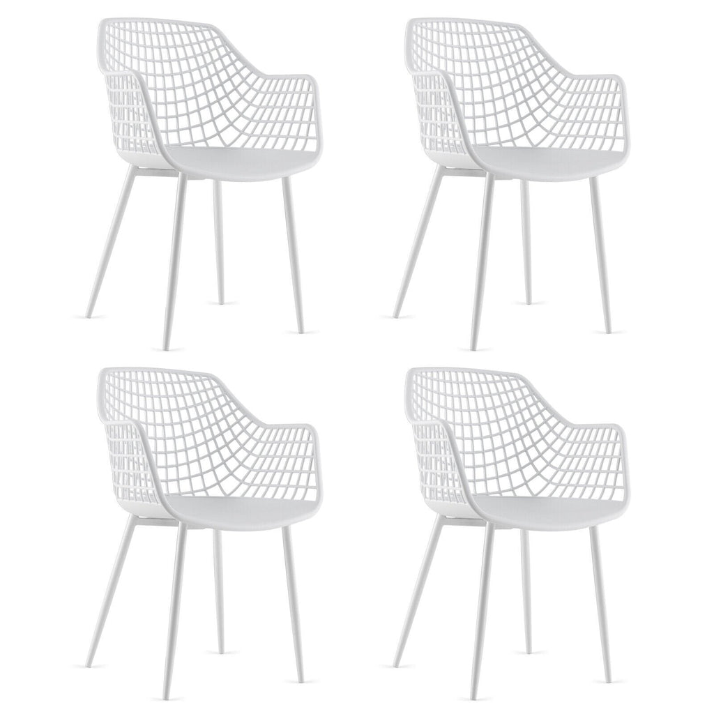 Lot de 4 chaises de salle à manger à dossier ajouré avec assise incurvée, en plastique blanc et pieds en métal