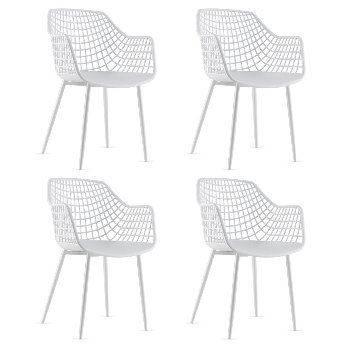 Lot de 4 chaises de salle à manger à dossier ajouré avec assise incurvée, en plastique blanc et pieds en métal