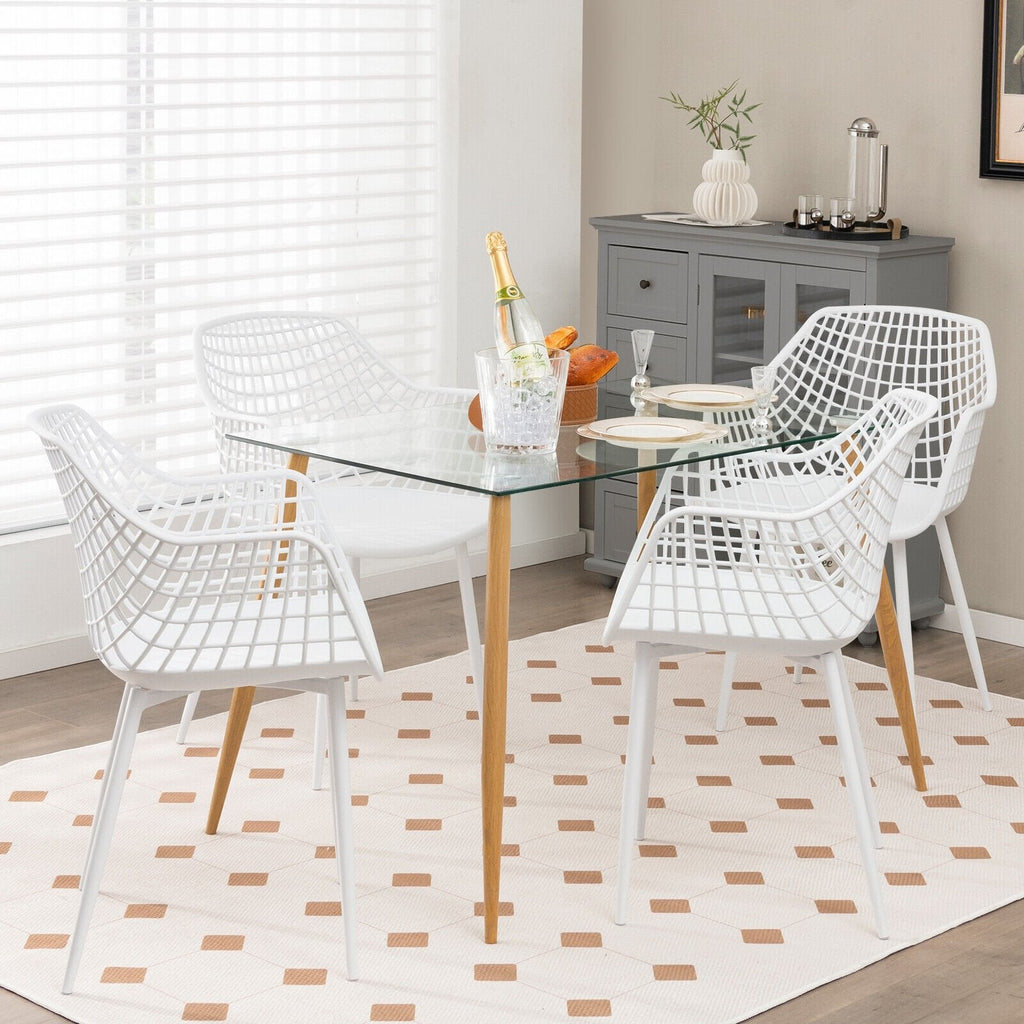 Lot de 4 chaises de salle à manger à dossier ajouré avec assise incurvée, en plastique blanc et pieds en métal