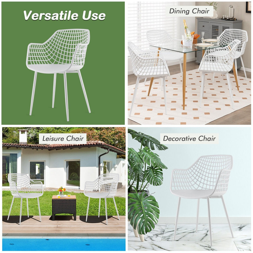 Lot de 4 chaises de salle à manger à dossier ajouré avec assise incurvée, en plastique blanc et pieds en métal