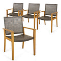 Lot de 4 chaises d'extérieur en rotin avec cadre robuste en bois d'acacia - Lot de 4