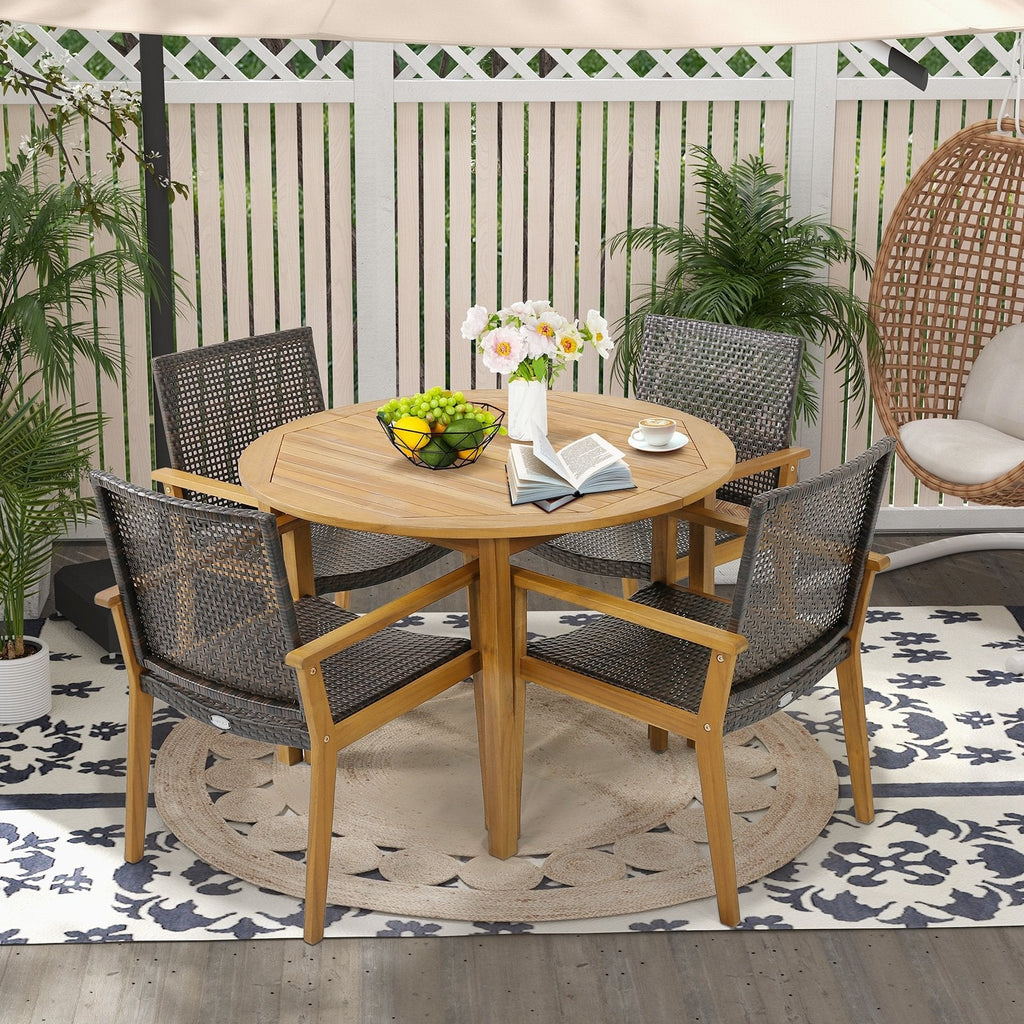 Lot de 4 chaises d'extérieur en rotin avec cadre robuste en bois d'acacia - Lot de 4