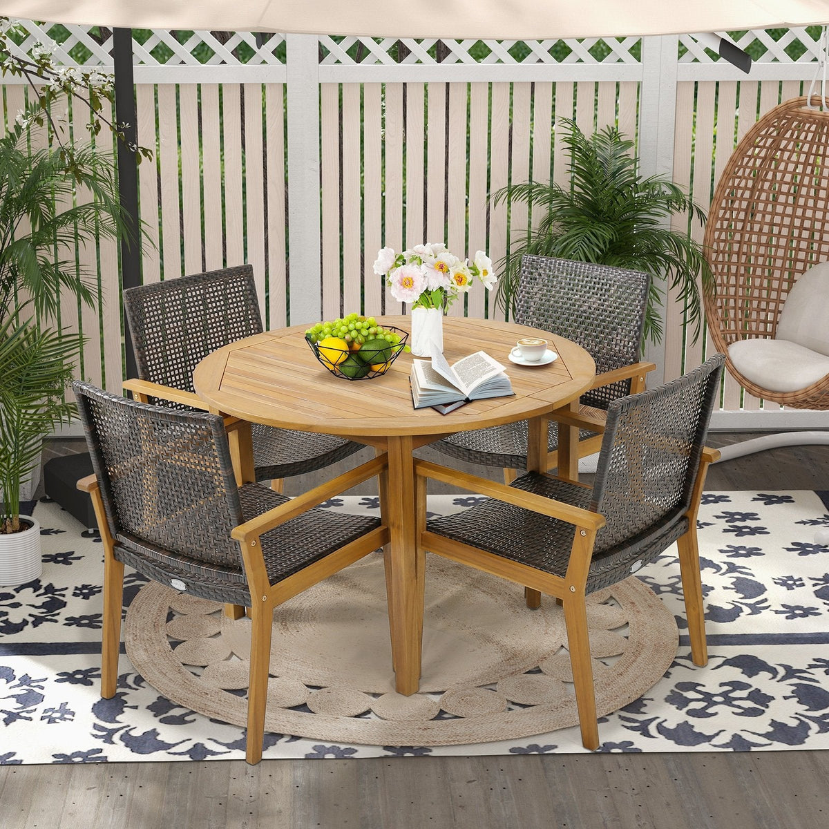Lot de 4 chaises d'extérieur en rotin avec cadre robuste en bois d'acacia - Lot de 4