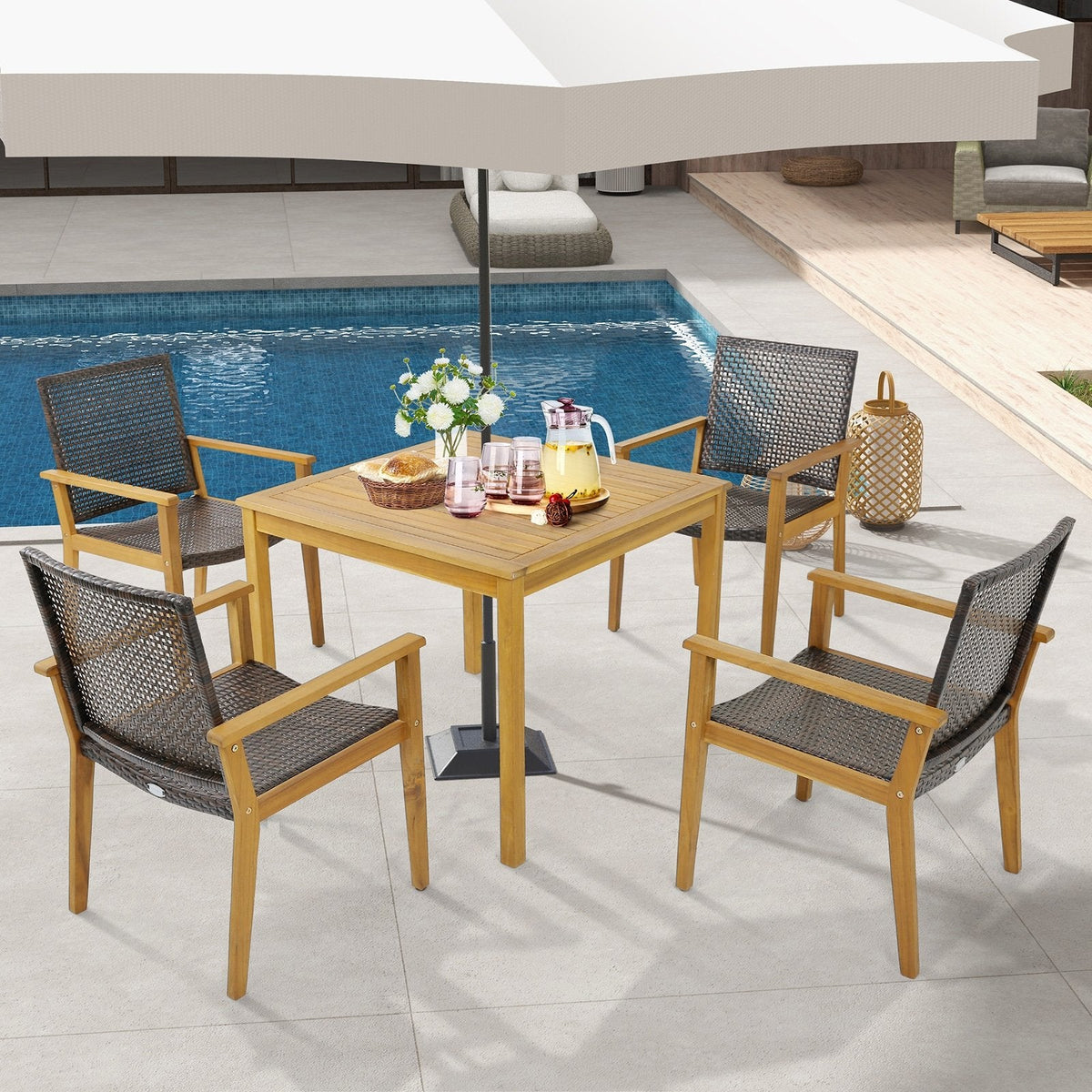 Lot de 4 chaises d'extérieur en rotin avec cadre robuste en bois d'acacia - Lot de 4
