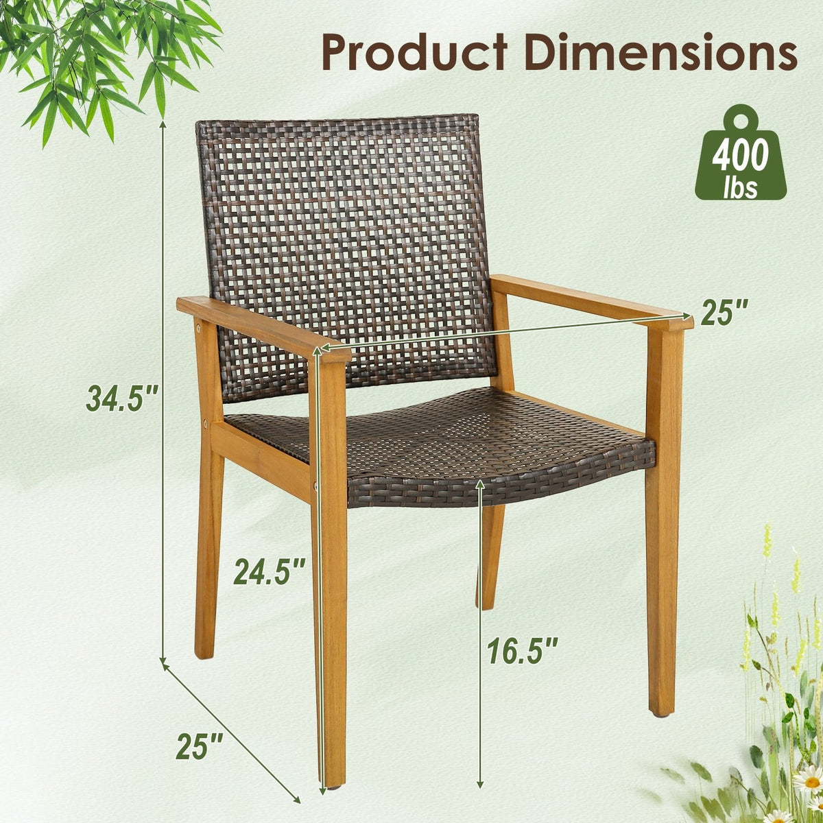 Lot de 4 chaises d'extérieur en rotin avec cadre robuste en bois d'acacia - Lot de 4