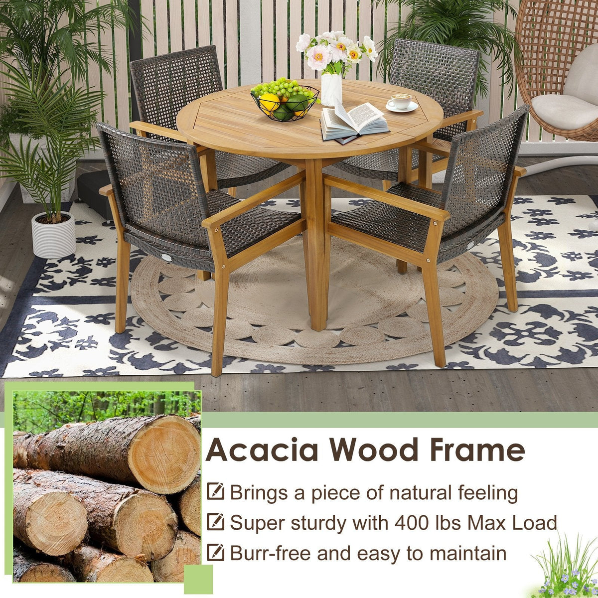 Lot de 4 chaises d'extérieur en rotin avec cadre robuste en bois d'acacia - Lot de 4