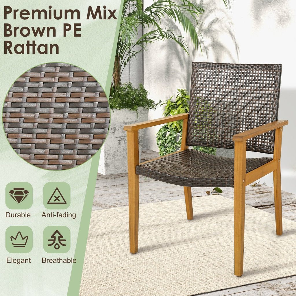 Lot de 4 chaises d'extérieur en rotin avec cadre robuste en bois d'acacia - Lot de 4