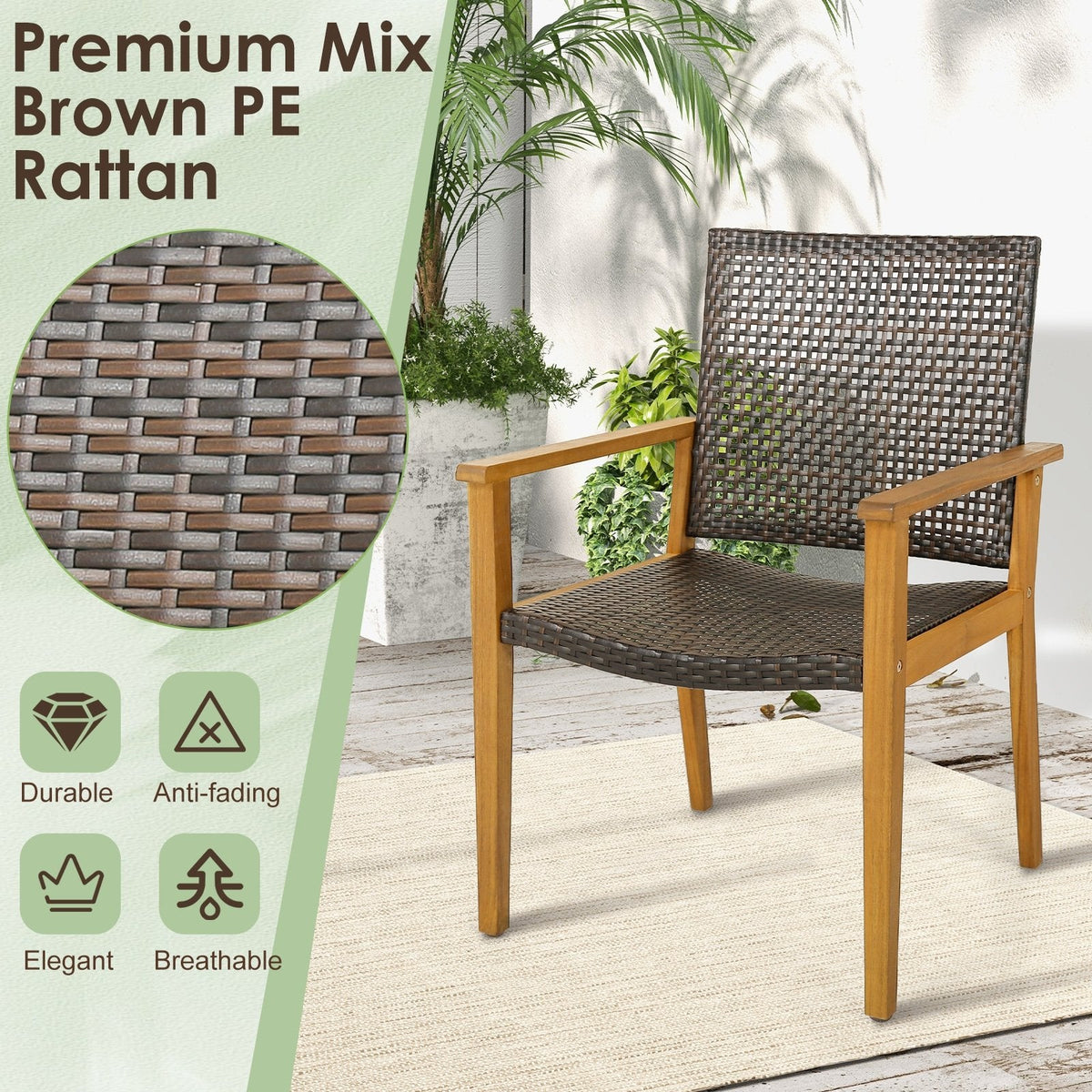 Lot de 4 chaises d'extérieur en rotin avec cadre robuste en bois d'acacia - Lot de 4