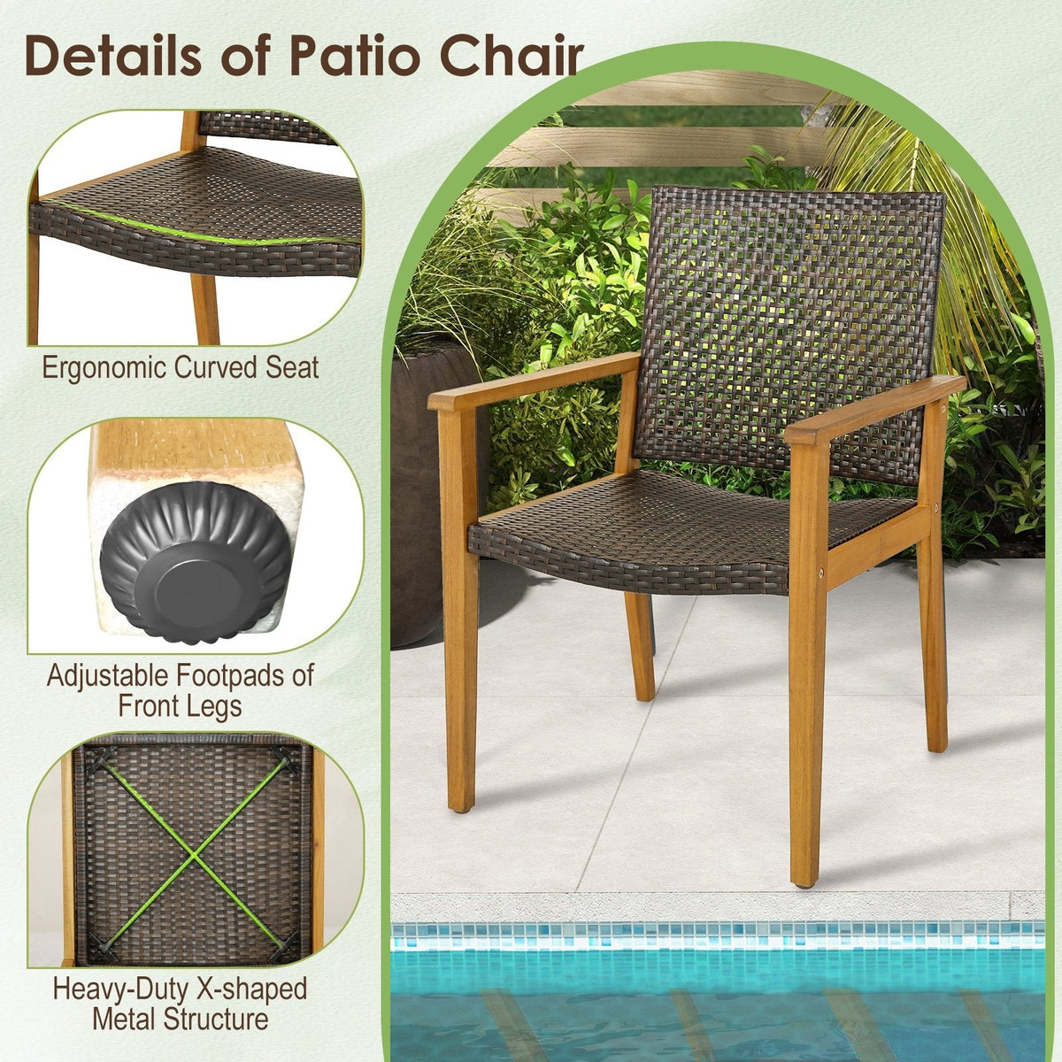 Lot de 4 chaises d'extérieur en rotin avec cadre robuste en bois d'acacia - Lot de 4