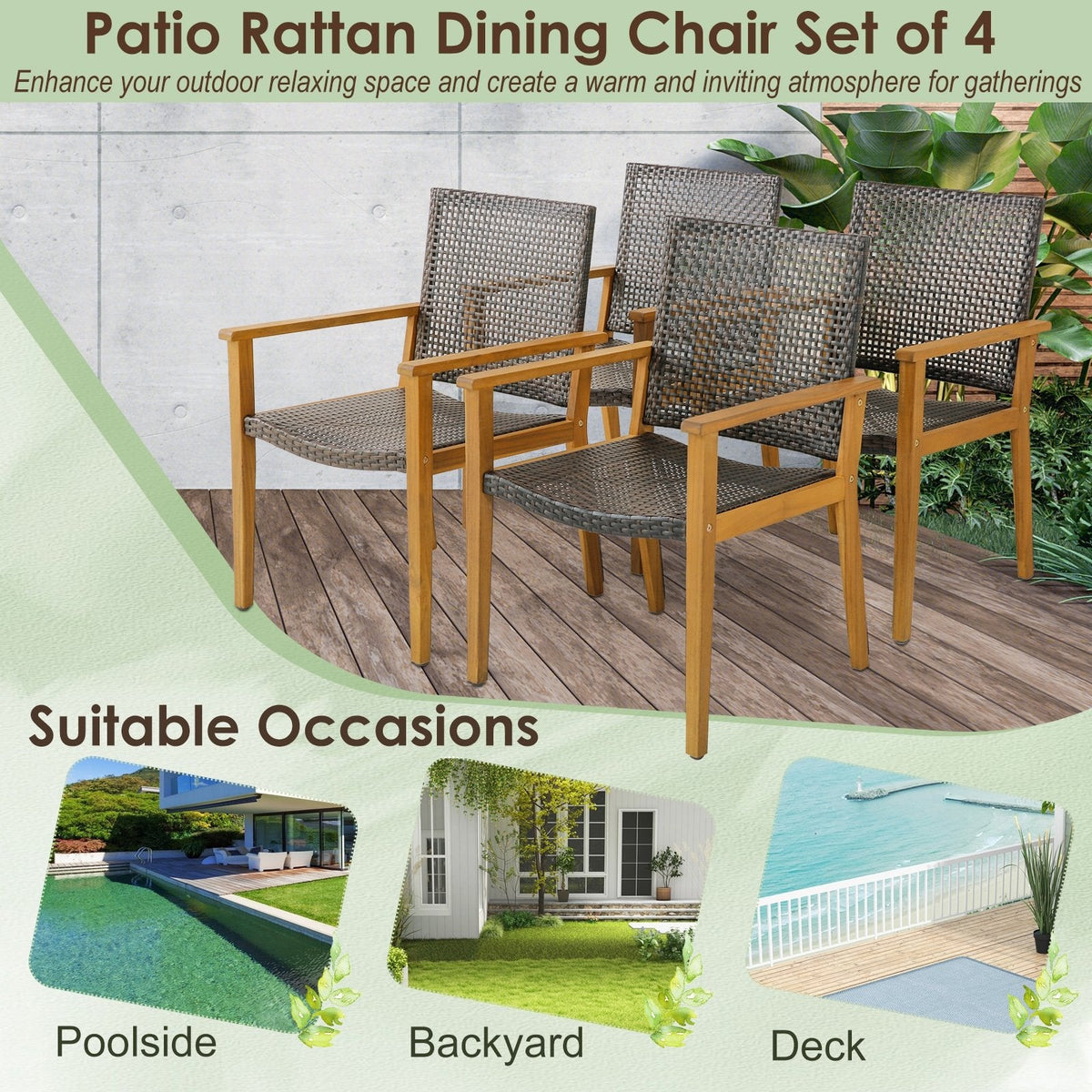 Lot de 4 chaises d'extérieur en rotin avec cadre robuste en bois d'acacia - Lot de 4