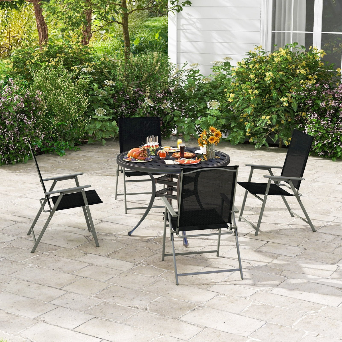 Ensemble de 4 chaises pliantes de terrasse avec cadre en métal inoxydable - Noir