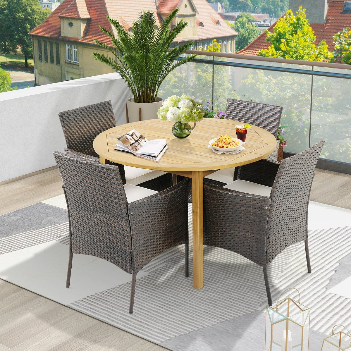 Lot de 4 chaises de salle à manger en osier PE pour terrasse avec coussins d'assise et accoudoirs - Lot de 4