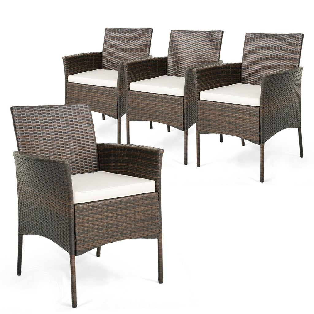 Lot de 4 chaises de salle à manger en osier PE pour terrasse avec coussins d'assise et accoudoirs - Lot de 4