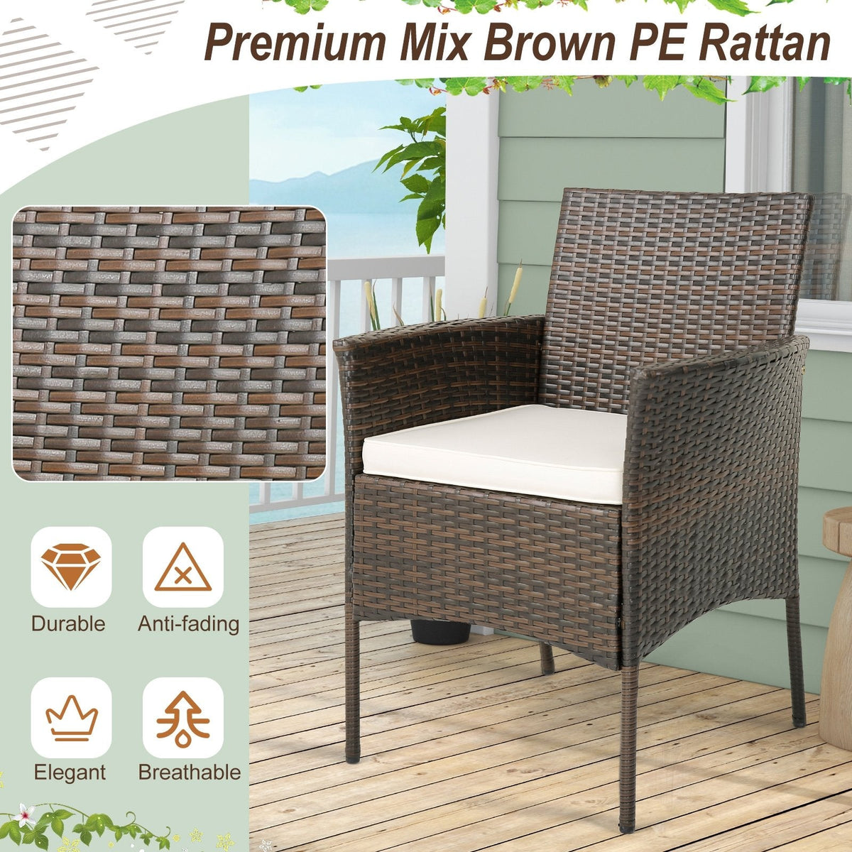 Lot de 4 chaises de salle à manger en osier PE pour terrasse avec coussins d'assise et accoudoirs - Lot de 4