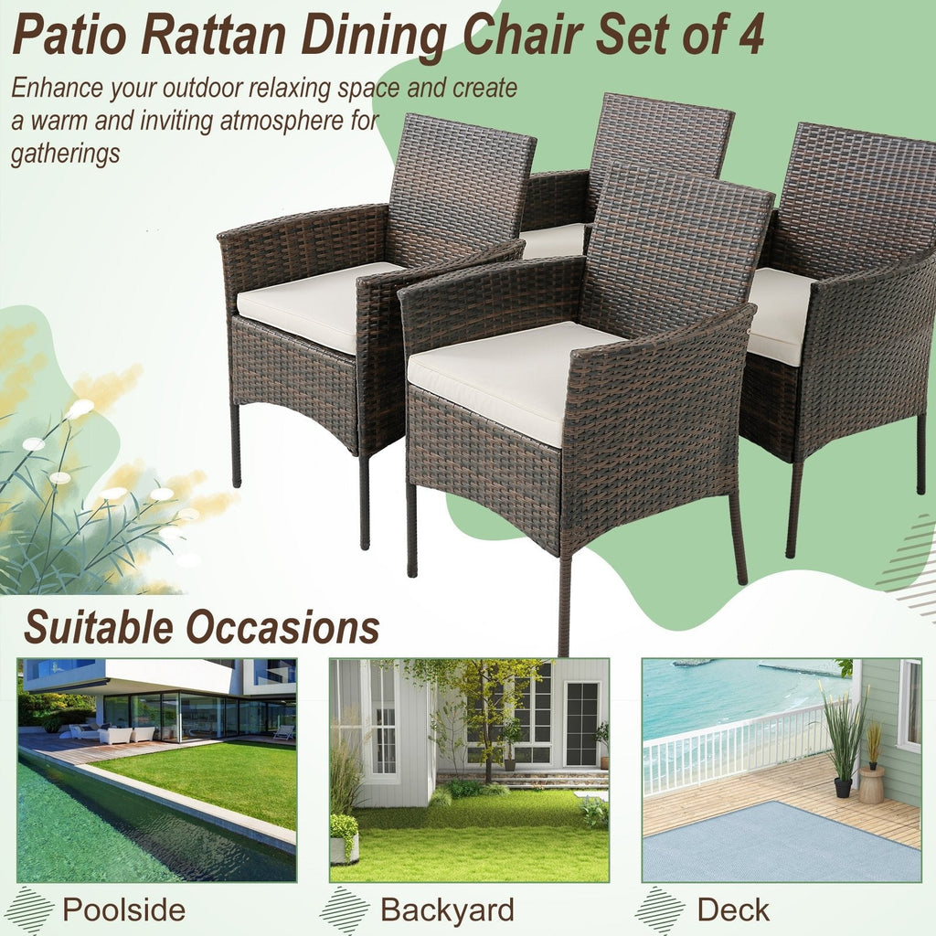 Lot de 4 chaises de salle à manger en osier PE pour terrasse avec coussins d'assise et accoudoirs - Lot de 4