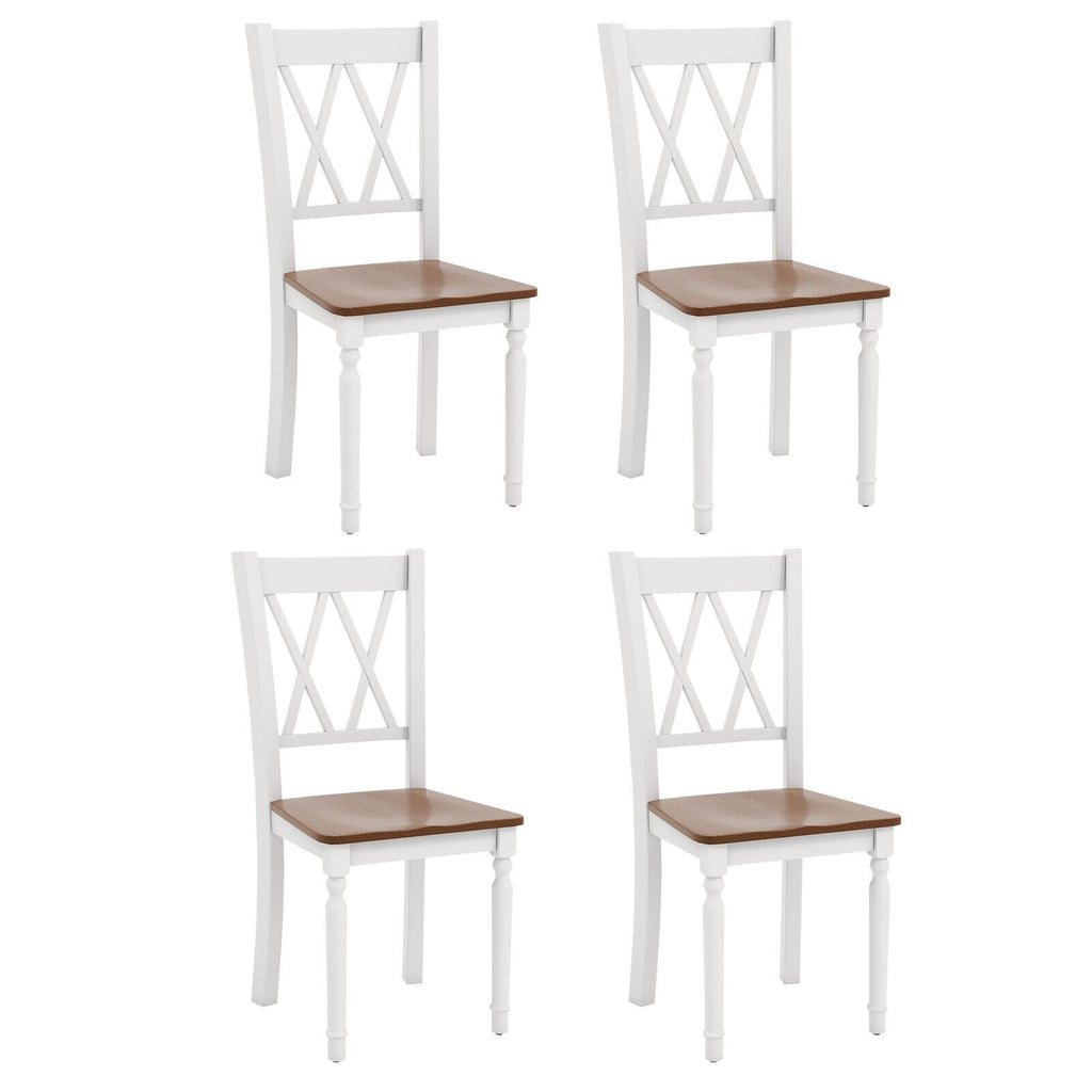 Lot de 4 chaises de cuisine de style rustique, structure blanche, assise en noyer et dossier à double croisillon en X