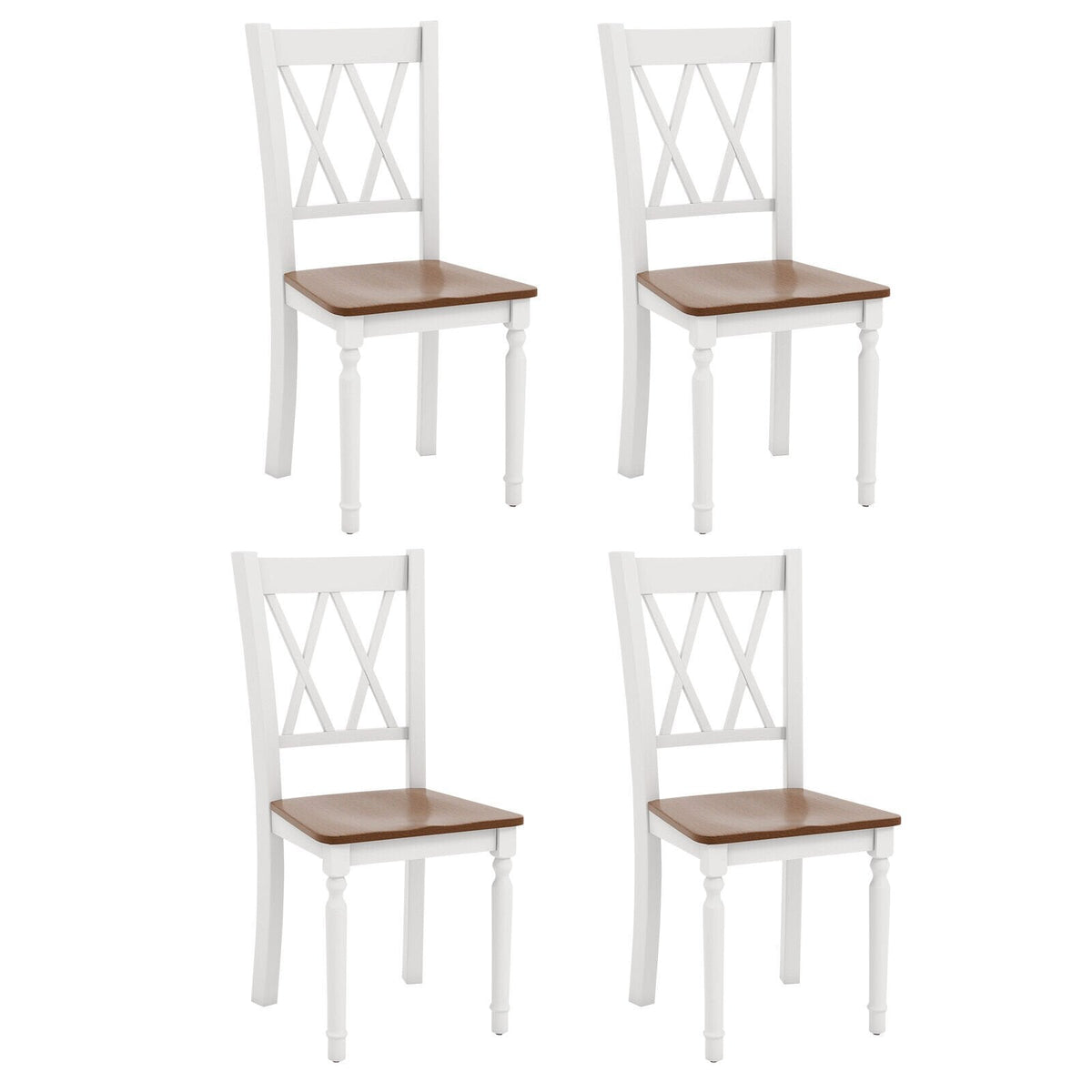 Lot de 4 chaises de cuisine de style rustique, structure blanche, assise en noyer et dossier à double croisillon en X
