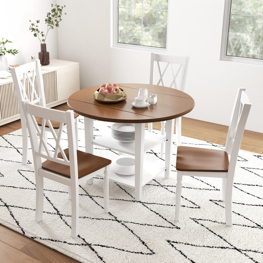 Lot de 4 chaises de cuisine de style rustique, structure blanche, assise en noyer et dossier à double croisillon en X