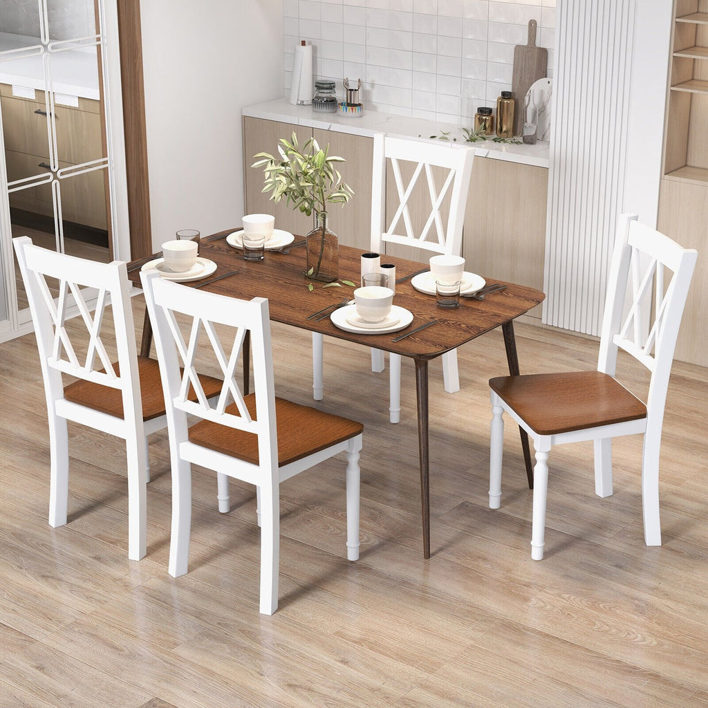Lot de 4 chaises de cuisine de style rustique, structure blanche, assise en noyer et dossier à double croisillon en X