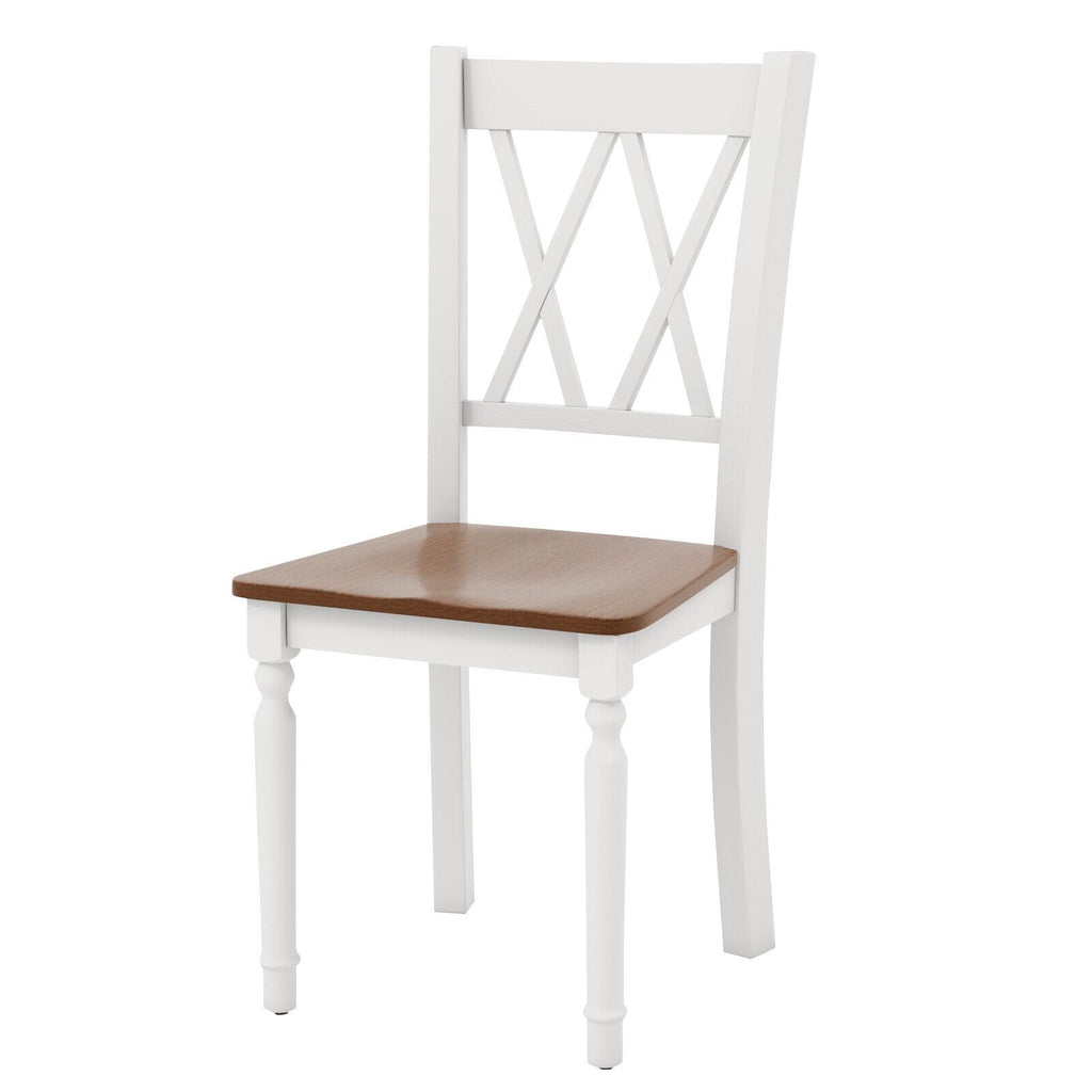 Lot de 4 chaises de cuisine de style rustique, structure blanche, assise en noyer et dossier à double croisillon en X