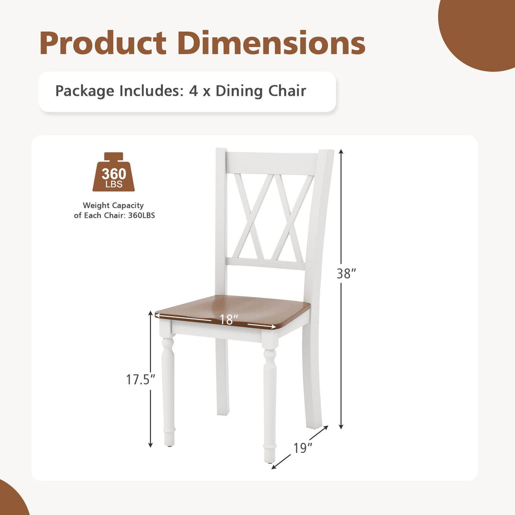 Lot de 4 chaises de cuisine de style rustique, structure blanche, assise en noyer et dossier à double croisillon en X