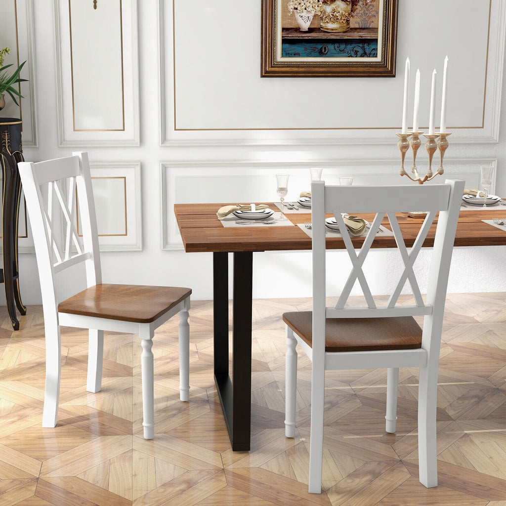 Lot de 4 chaises de cuisine de style rustique, structure blanche, assise en noyer et dossier à double croisillon en X
