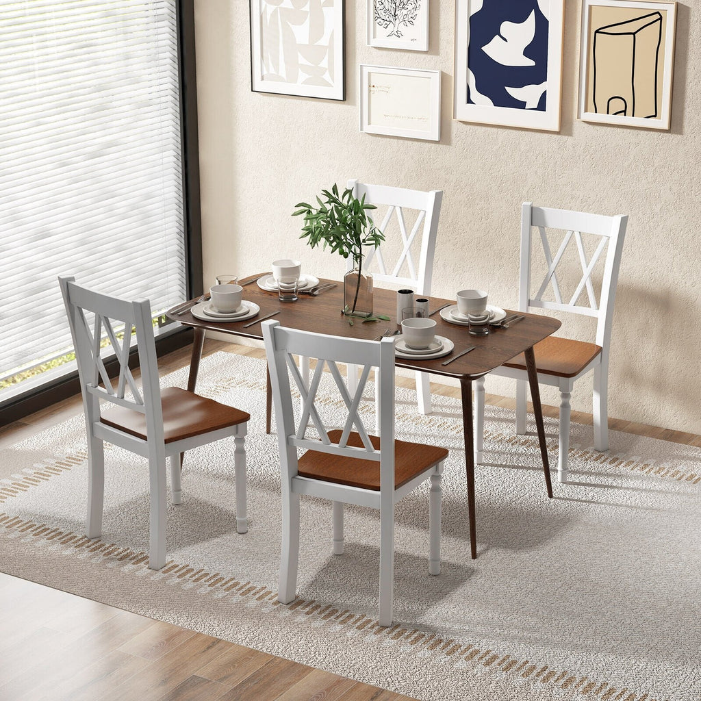 Lot de 4 chaises de cuisine de style rustique, structure blanche, assise en noyer et dossier à double croisillon en X