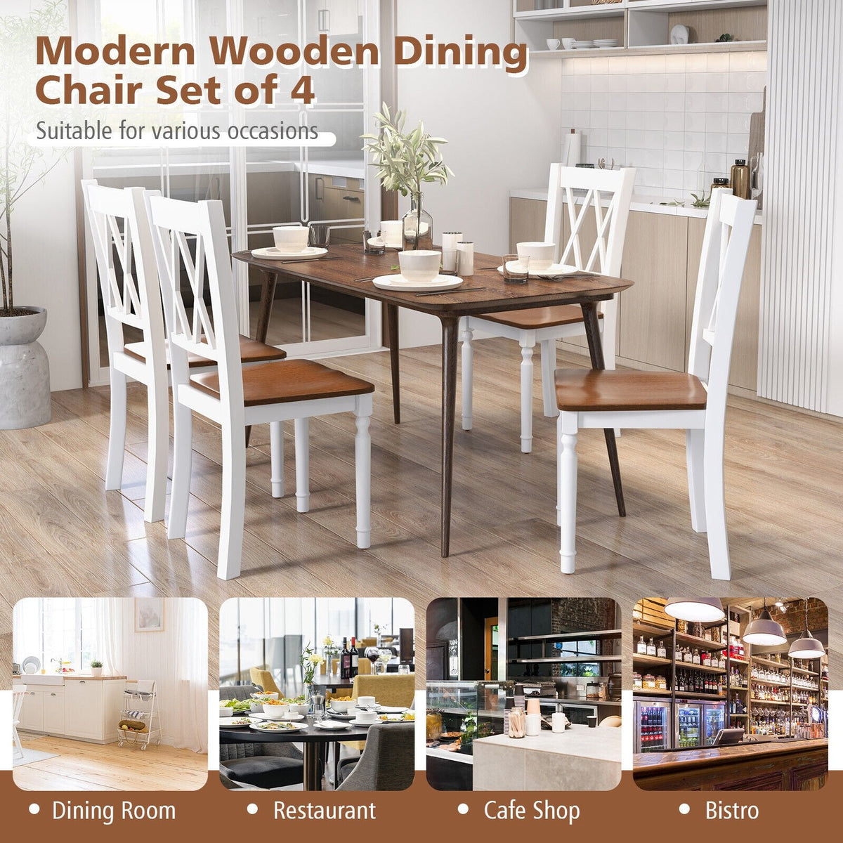 Lot de 4 chaises de cuisine de style rustique, structure blanche, assise en noyer et dossier à double croisillon en X