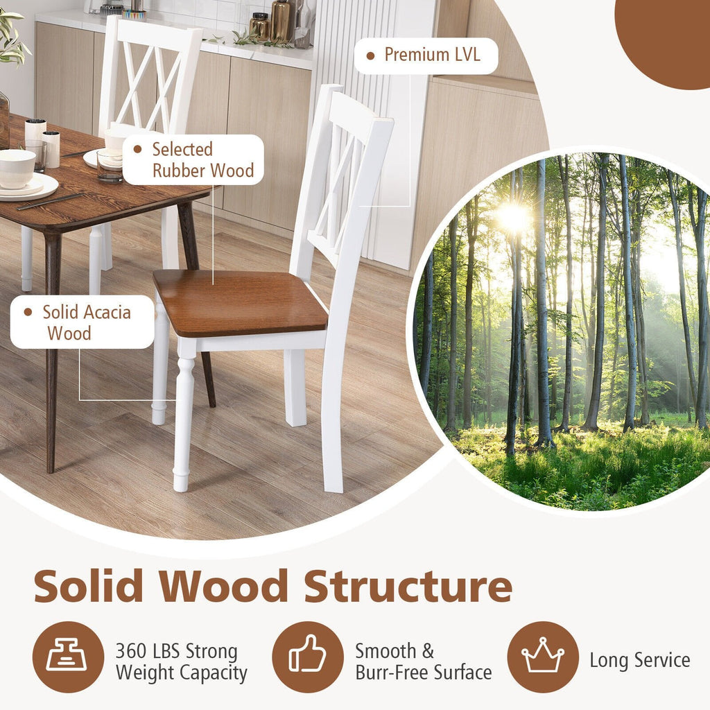 Lot de 4 chaises de cuisine de style rustique, structure blanche, assise en noyer et dossier à double croisillon en X