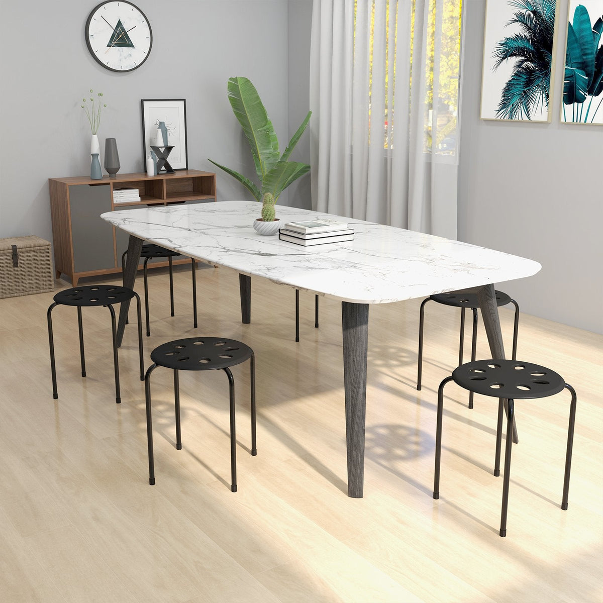 Set of 6 Stackable Backless Stools with Vented Plastic Seat, Black