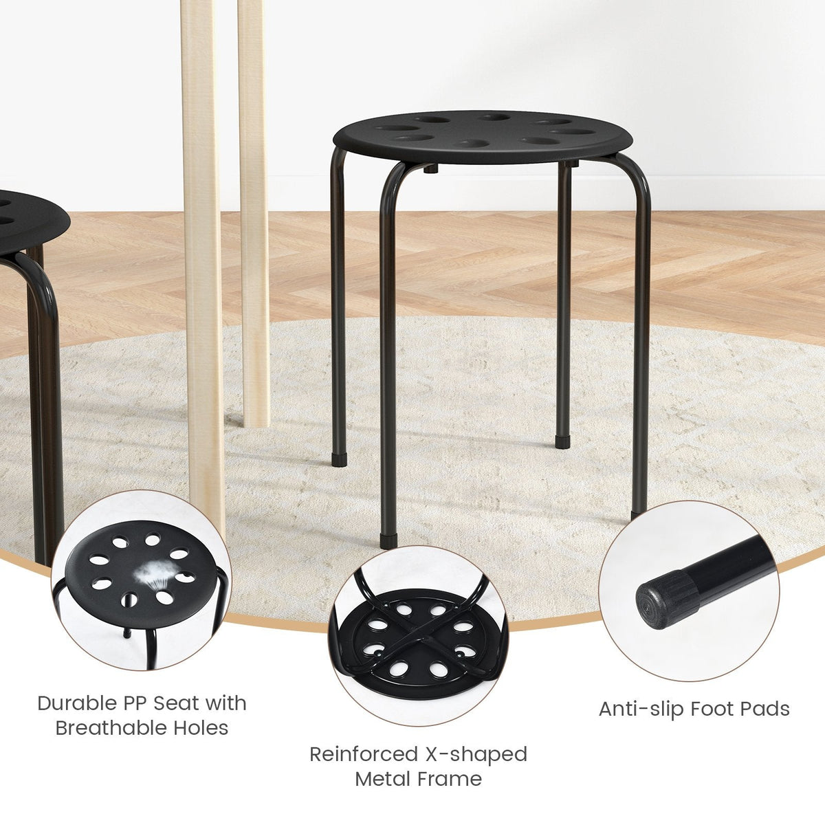 Set of 6 Stackable Backless Stools with Vented Plastic Seat, Black