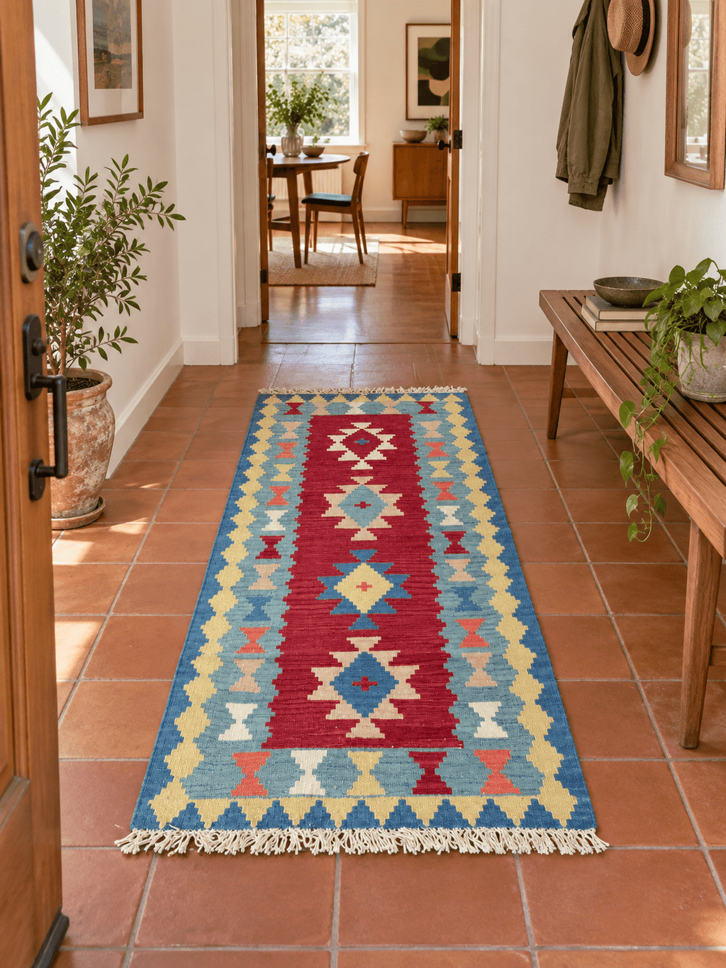Shiraz Kilim Runner — Khati Design in Ruby & Sky Blue | 2'10" × 6'3"