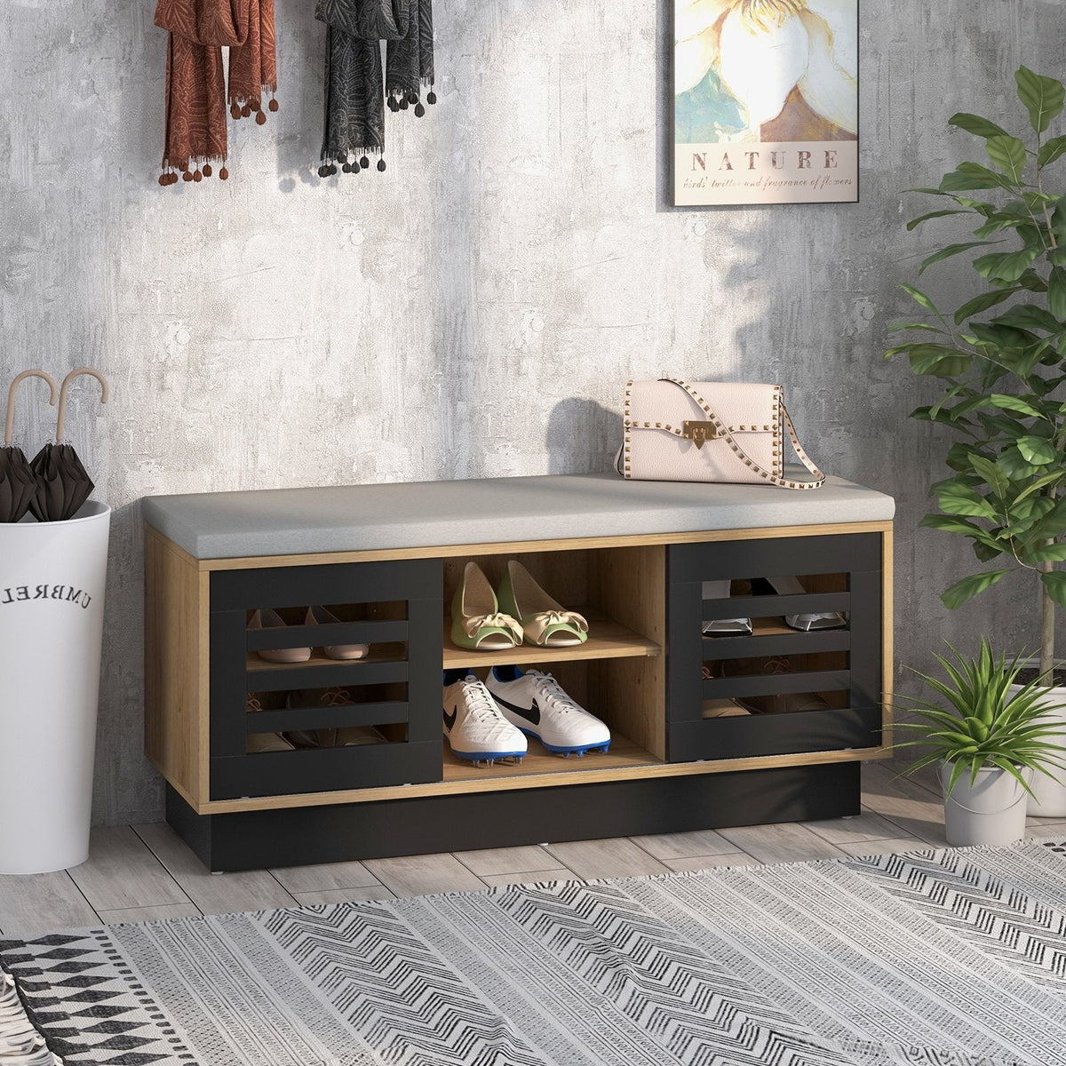 Banc à chaussures avec 6 compartiments de rangement et 3 étagères réglables-Naturel