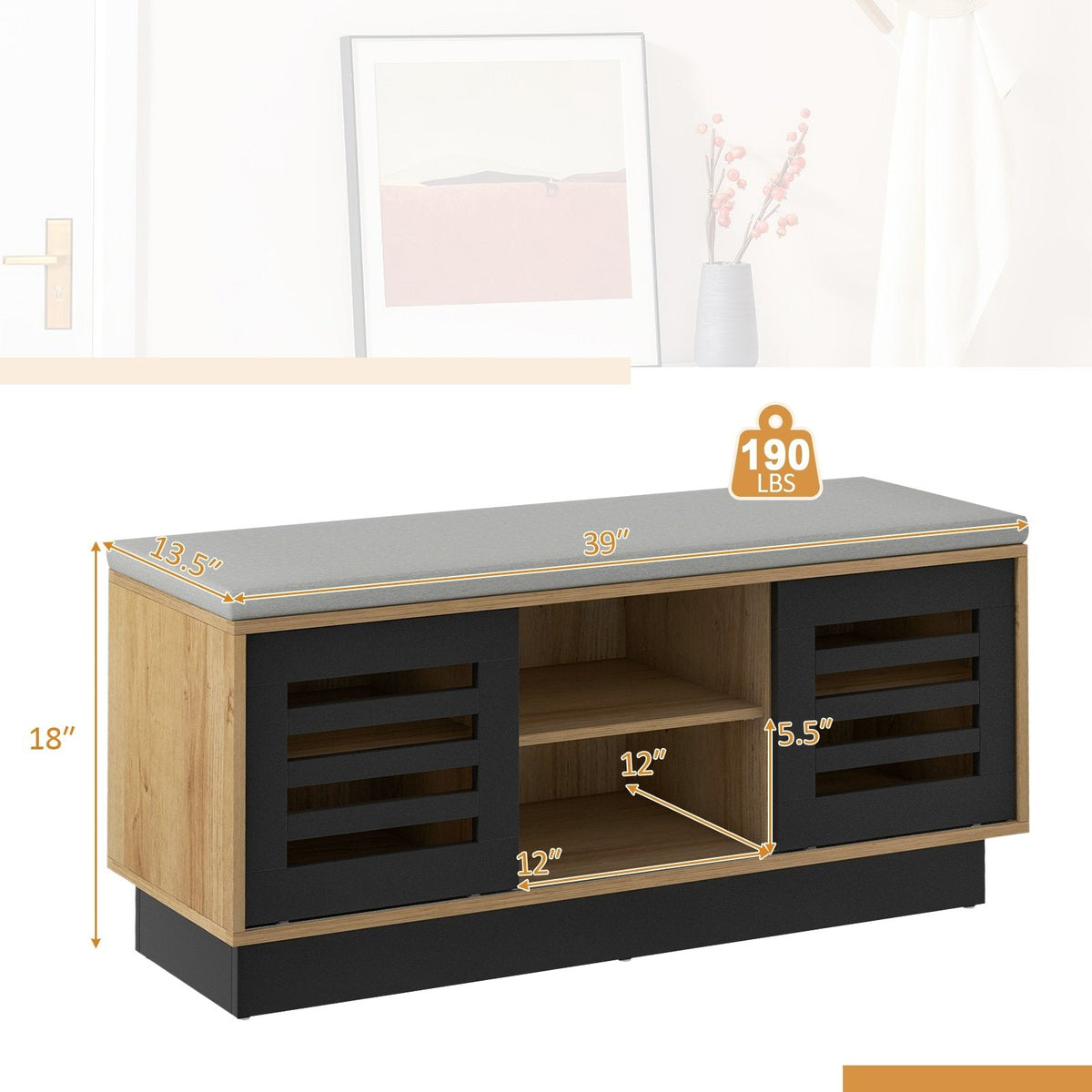 Banc à chaussures avec 6 compartiments de rangement et 3 étagères réglables-Naturel