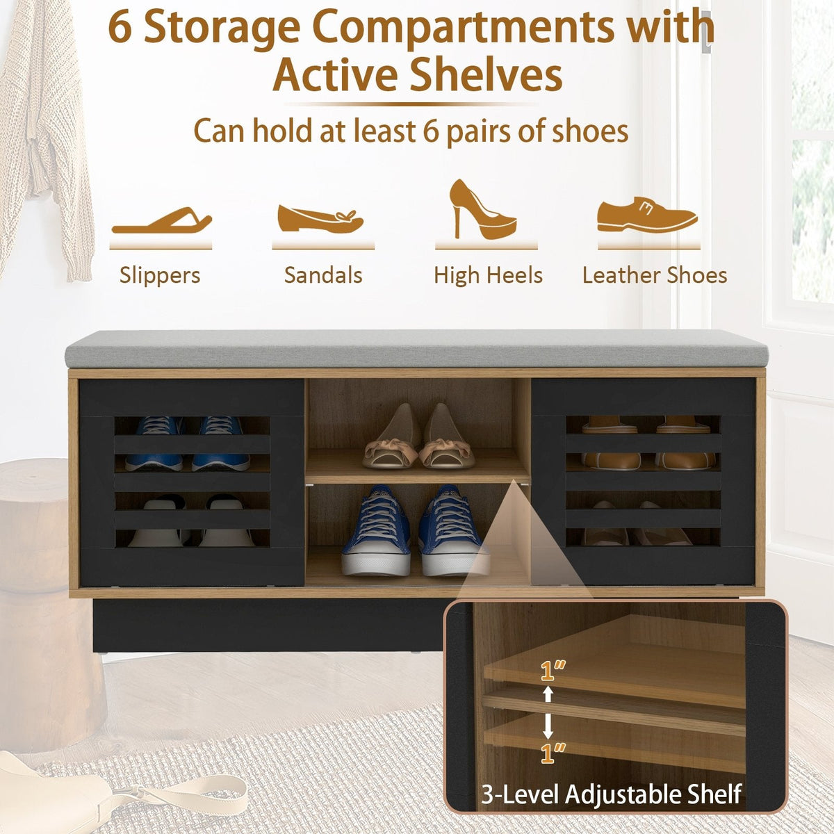 Banc à chaussures avec 6 compartiments de rangement et 3 étagères réglables-Naturel