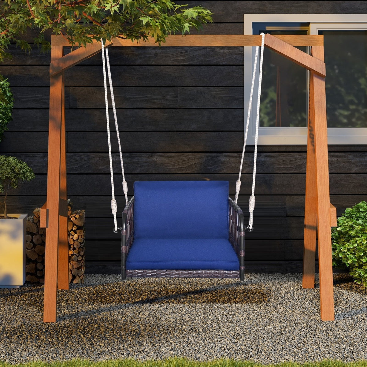 Asiento colgante individual con cojines de asiento y respaldo - Azul marino