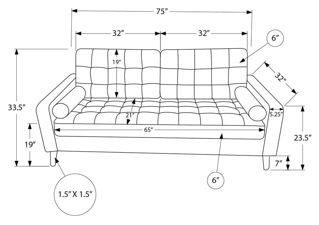 Sofa de 75" avec 2 coussins de Monarch  LUMOS-17– Tissu gris foncé (8J13L17)
