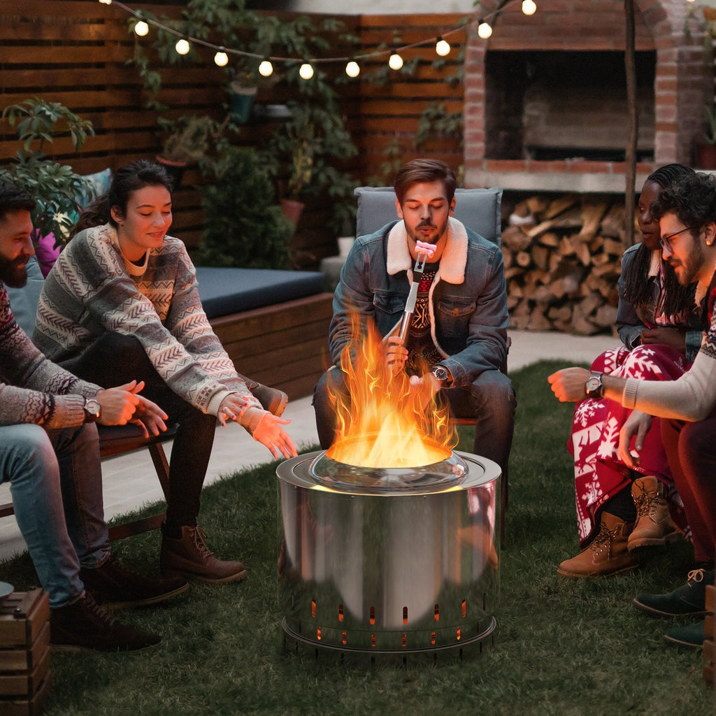 Brasero de acero inoxidable sin humo con cenicero para camping en patio - Plateado