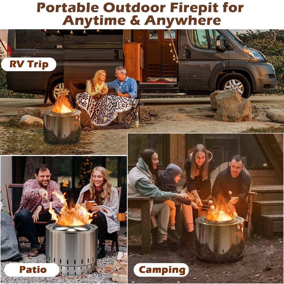 Brasero de acero inoxidable sin humo con cenicero para camping en patio - Plateado
