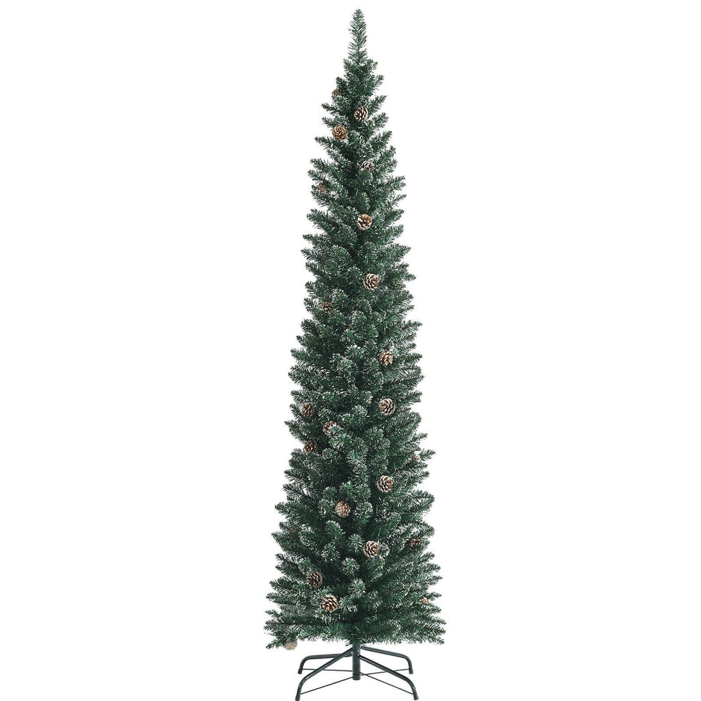 Árbol de Navidad nevado tipo lápiz de 7 pies, con 351 ramas y 41 piñas, 1,8 pies de ancho
