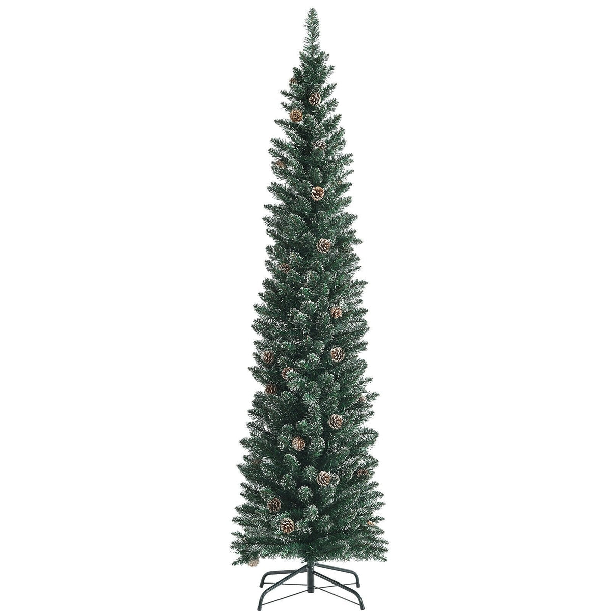 Árbol de Navidad nevado tipo lápiz de 7 pies, con 351 ramas y 41 piñas, 1,8 pies de ancho