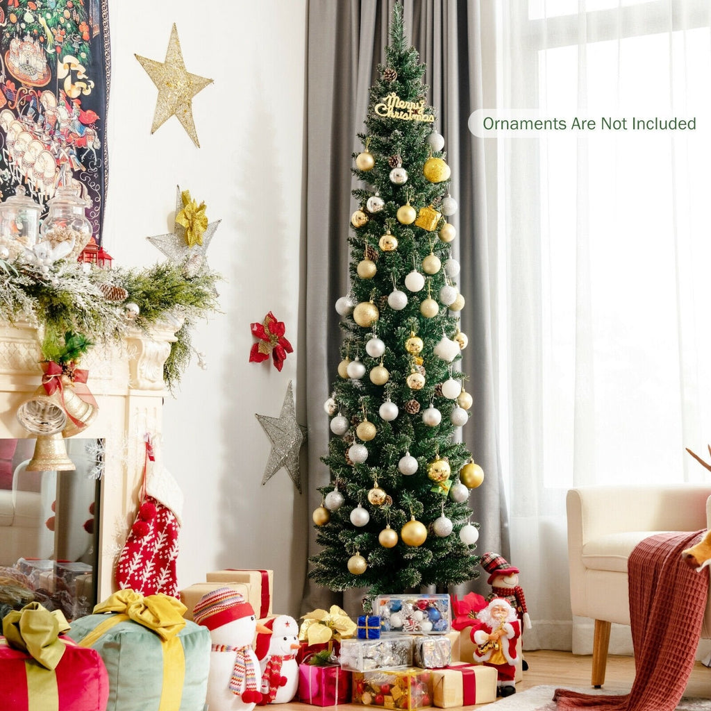 Árbol de Navidad nevado tipo lápiz de 7 pies, con 351 ramas y 41 piñas, 1,8 pies de ancho