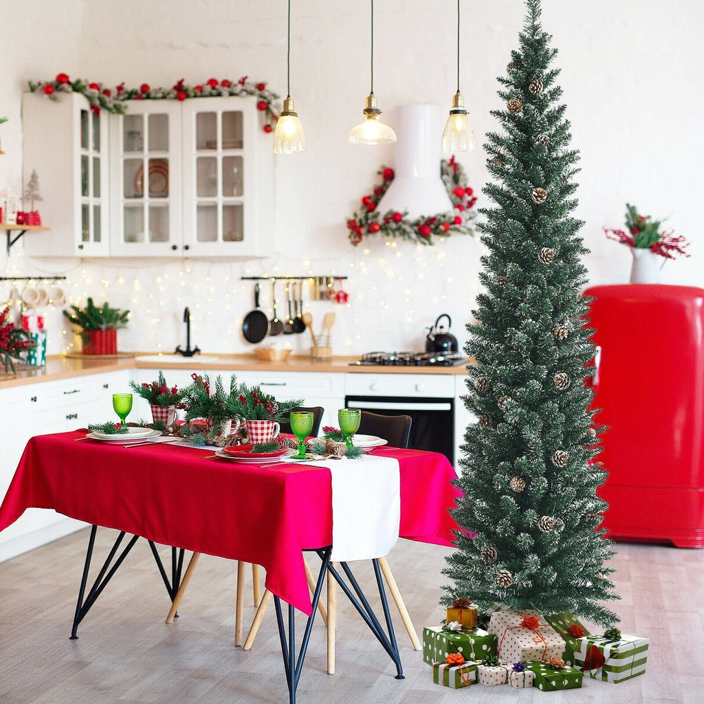 Árbol de Navidad nevado tipo lápiz de 7 pies, con 351 ramas y 41 piñas, 1,8 pies de ancho