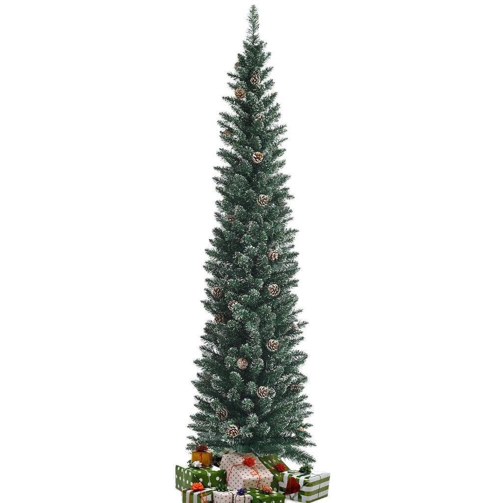 Árbol de Navidad nevado tipo lápiz de 7 pies, con 351 ramas y 41 piñas, 1,8 pies de ancho