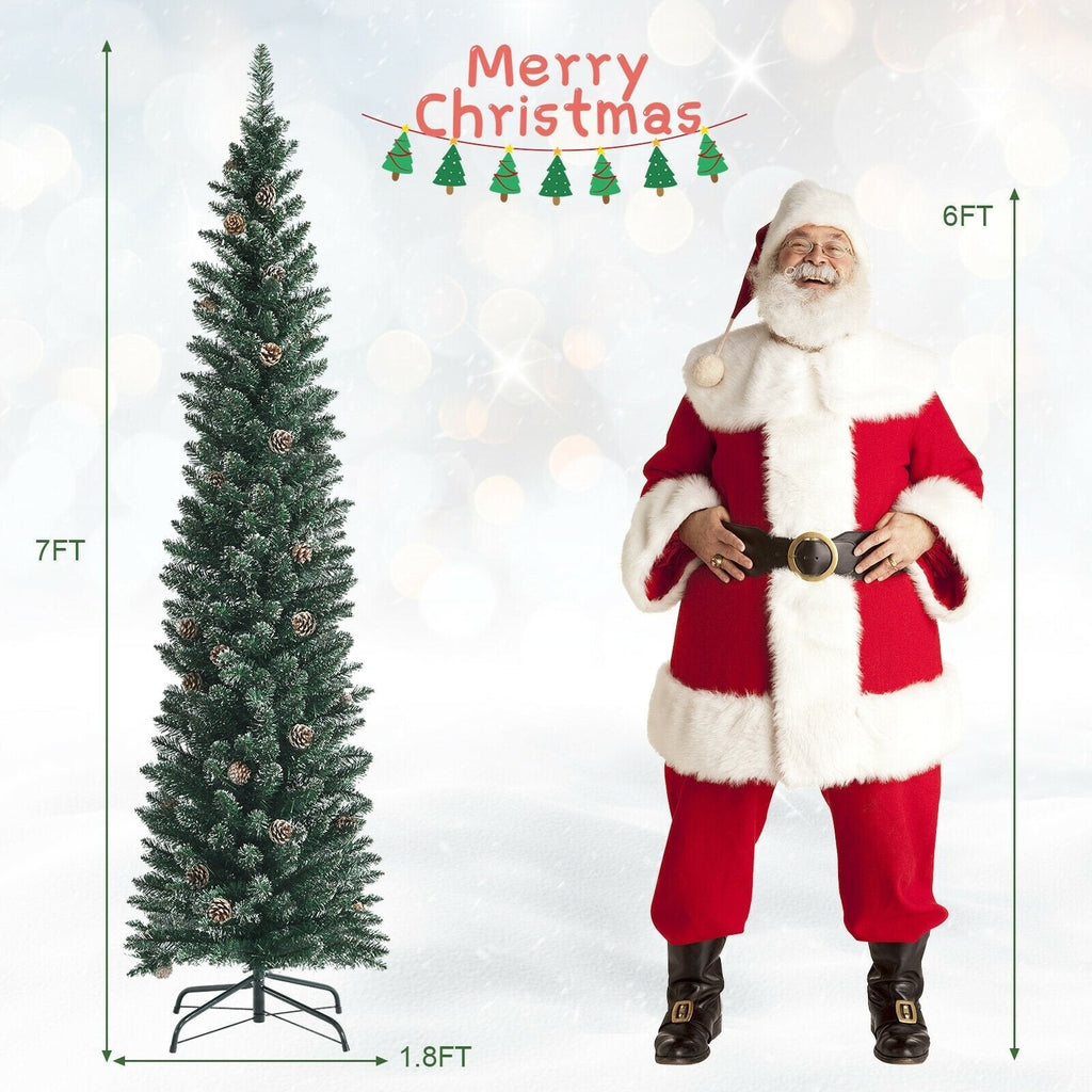 Árbol de Navidad nevado tipo lápiz de 7 pies, con 351 ramas y 41 piñas, 1,8 pies de ancho