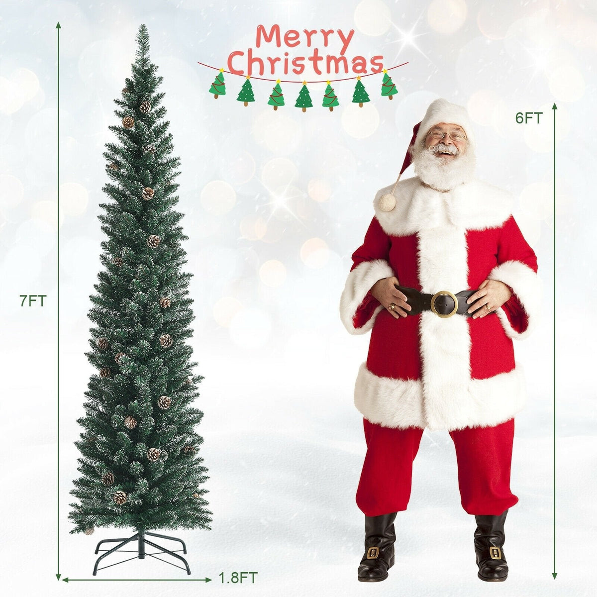 Árbol de Navidad nevado tipo lápiz de 7 pies, con 351 ramas y 41 piñas, 1,8 pies de ancho
