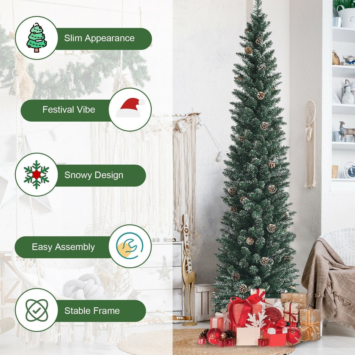 Árbol de Navidad nevado tipo lápiz de 7 pies, con 351 ramas y 41 piñas, 1,8 pies de ancho
